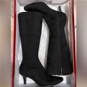 Black faux suede heeled boots.